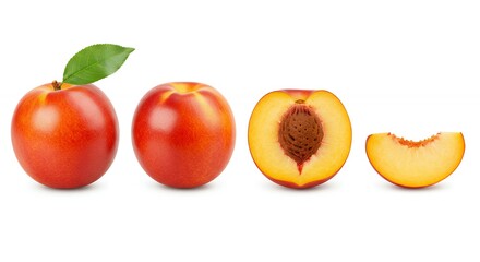 Vibrant Nectarine Fruit Set with Green Leaf and Half Cut Showing Stone Pit Isolated on White Background for Juice Labels and Healthy Food Design