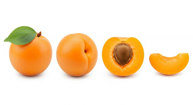 Fresh Whole and Sliced Orange Apricot Set with Green Leaf and Stone Pit Isolated on White Background for Food Packaging and Culinary Design