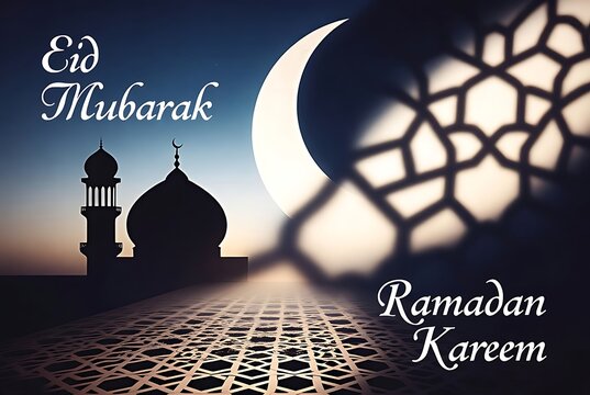 Eid Mubarak Greeting Card with Mosque Silhouette and Taj Mahal Illustration