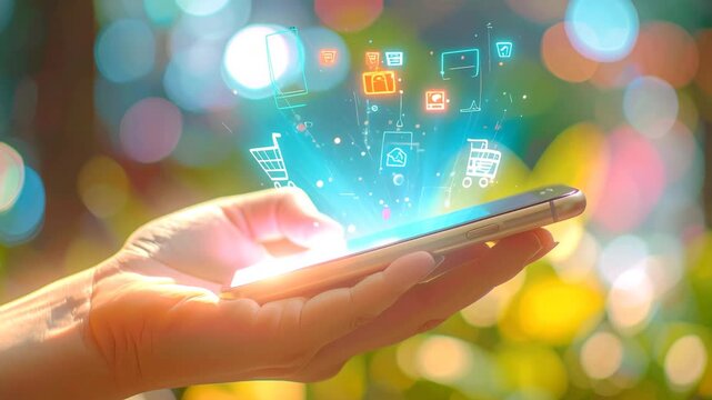 Digital Commerce at Hand: A modern hand interacts with a smartphone, displaying a vivid digital interface filled with shopping carts and online store icons.