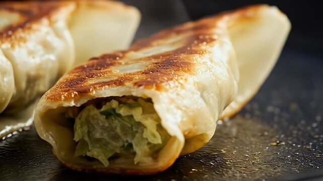Delicious Pan-Fried Gyoza Dumplings with Savory Filling Close-Up.
