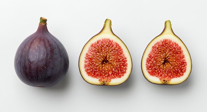 Top view of one whole ripe purple fig and two symmetrical halves showing vibrant red inner pulp isolated on a plain white surface for food packaging