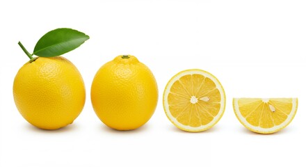 Studio Portrait of Fresh Lemons Whole and Sliced with Seeds for Vitamin C Supplement Branding and Natural Cleaning Product Advertising
