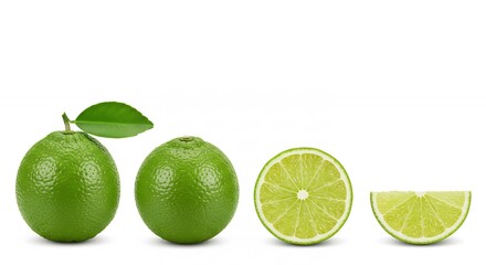 Fresh Green Lime Set with Whole Fruit, Leaf, Cross Section Half, and Wedge Isolated on White Background for Culinary and Beverage Design