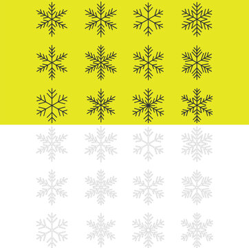 Snowflake pattern set with black winter crystals on yellow background, minimalist gray snow ornaments on white, intricate Christmas decorative vector collection.