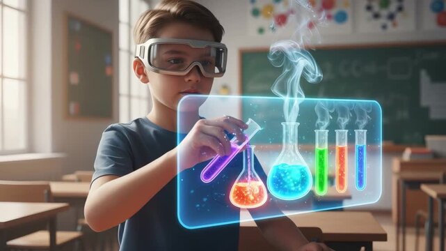 White Boy Conducting Holographic Beaker Analysis With Vr Interface