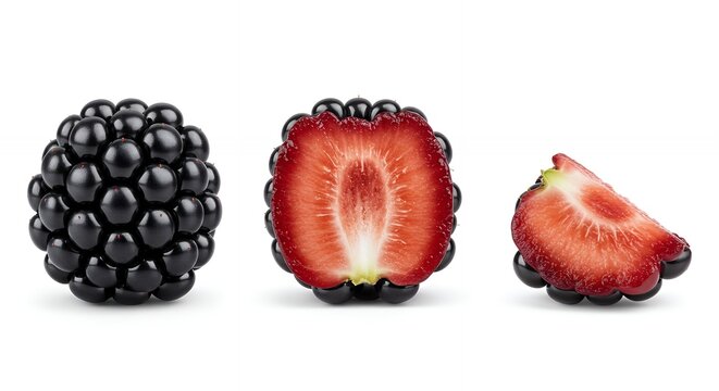 Surreal Berry Composite Featuring Blackberry Surface and Strawberry Flesh with Longitudinal Section and Slice Isolated on White Background for Advertising