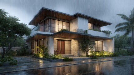 Fototapeta premium Modern home illuminated on a rainy evening