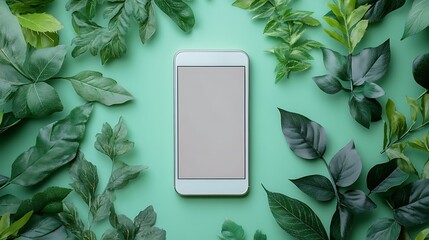 Fototapeta na wymiar Smartphone surrounded by lush green leaves on a vibrant green background.