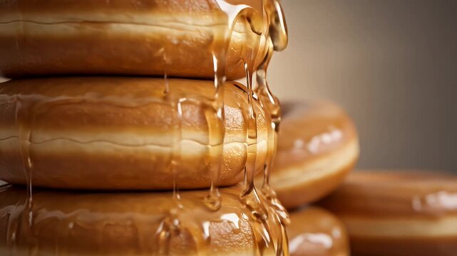 Delicious Glazed Doughnuts Stacked High with Caramel Drizzle.
