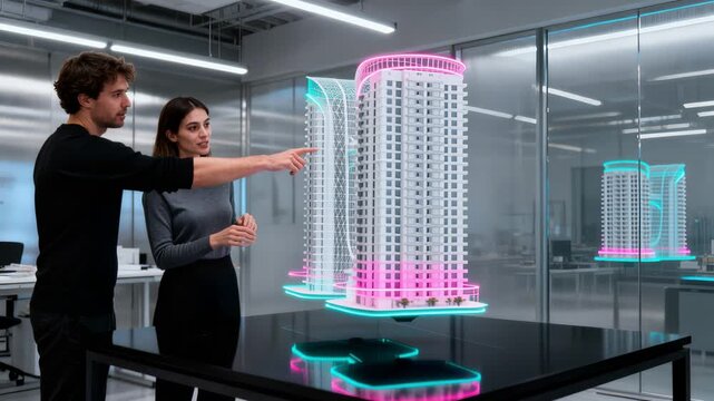 Engineer And Planner Observe Neonlit Tower Hologram On Glass Desk