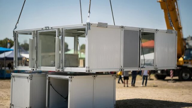 Stackable prefab room modules in crisp focus being arranged by crane with festival ground tents and people softly blurred in the background.
