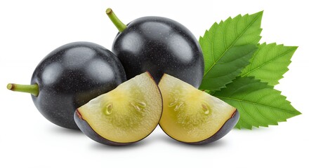Obraz premium Two Whole Dark Grapes and Sliced Halves with Green Leaves Isolated on White Background for Fruit Juice Packaging and Healthy Food Concepts