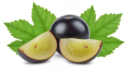 Obraz premium Whole Black Grape and Two Juicy Slices with Serrated Green Leaves Isolated on White Background for Fruit Salad and Smoothie Ingredient Visuals