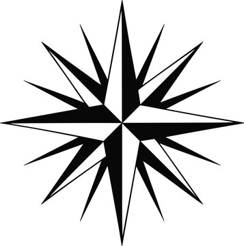 Detailed black and white nautical compass rose, sixteen point star for marine navigation, map geography symbol, vector line art element.