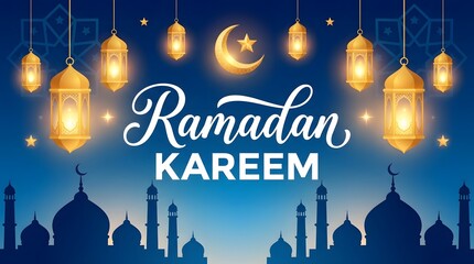 Festive glowing golden lanterns illuminate the night sky above a beautiful mosque silhouette wishing ramadan kareem.