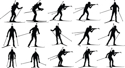 Biathlon skiing silhouette sequence illustrating winter sports action, rifle shooting technique, athlete movement stages isolated on white background for professional endurance competition concept © Taslima