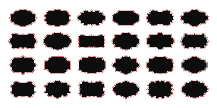 Collection of ornate black vintage labels and badges with decorative irregular borders on a white background, graphic design elements
