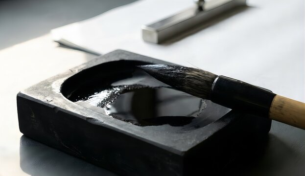 硯に置かれた墨を含んだ書道の筆、日本の伝統文化と静寂のイメージ