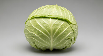 Fototapeta premium Fresh green cabbage head with visible leaf veins on gray background vegetable food