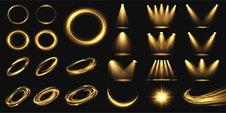Collection of glowing golden rings and stage spotlights with light beams on a black background, vector elements