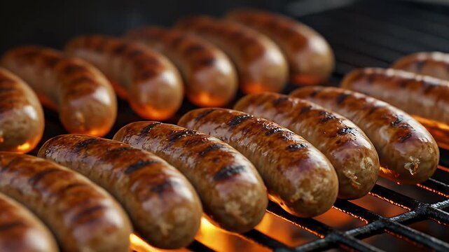 Delicious Sausages Grilling on an Outdoor Barbecue Grill.