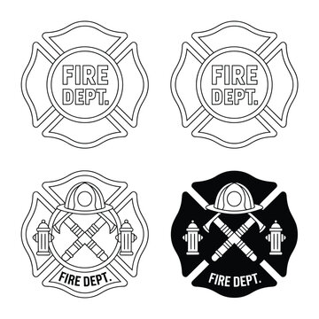 Four black and white firefighter badges with varying designs and text
