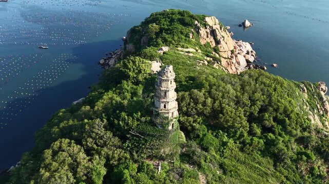 A dilapidated tower on the small island