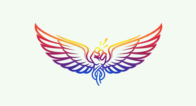 Vibrant winged fist logo symbolizing strength freedom power and colorful expression
