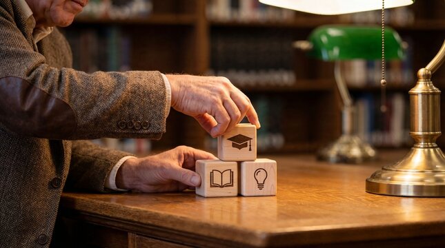 Higher education and intellectual innovation Concept, wooden blocks with graduation cap book and lightbulb icons for academic achievement and creative learning strategy.