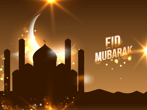 Islamic festival Eid Mubarak concept with mosque silhouette and shiny crescent moon on brown background.