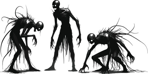 Dark shadow monster illustration, surreal horror fantasy artwork, grotesque alien creature design, eerie skeletal beings, creepy ghostly figures, imaginative nightmare concept, spectral abstract art © MSTESMOTARA