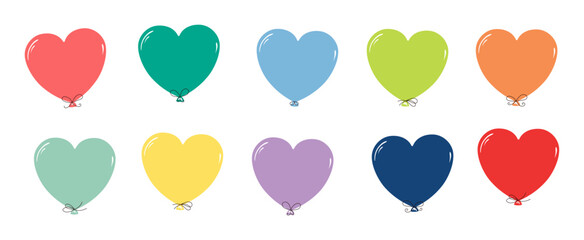 Plakat Flying heart shaped air balloon illustrations set, isolated on white background. Hand drawn vector. Flat design. Birthday celebration, festival, carnival, party clip art, elements collection
