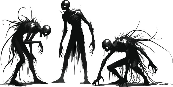 Dark shadow monster illustration, surreal horror fantasy artwork, grotesque alien creature design, eerie skeletal beings, creepy ghostly figures, imaginative nightmare concept, spectral abstract art