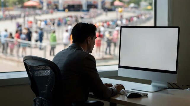 Medium shot of a queue management operator monitoring AI metrics on a computer with a blurred theme park entrance filled with queued guests behind