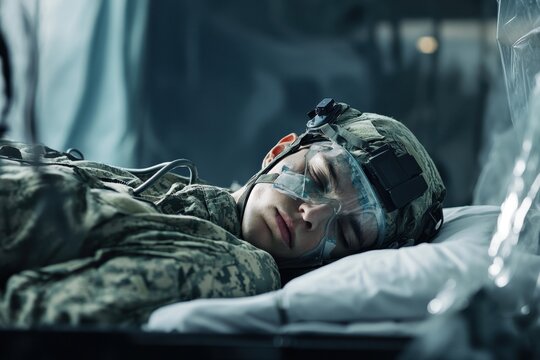 Soldier resting peacefully in military barracks during an evening training session