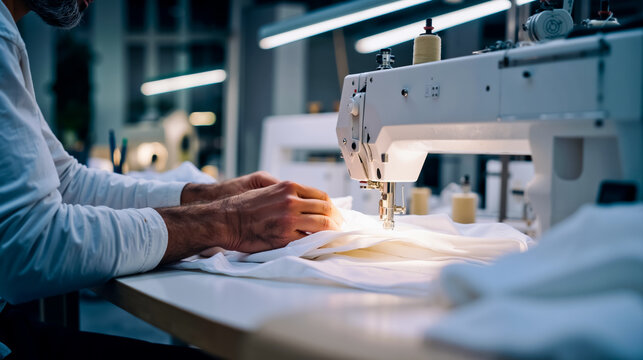 A man working on a sewing machine in a factory