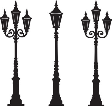 Vintage street lamp collection, classic urban lighting vector, ornate lamp post illustration, city design graphic, stock set silhouette vector on white background