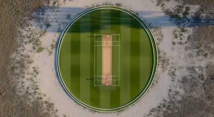 Top-down aerial view of cricket pitch with clearly marked crease and boundary, empty ground, soft natural light, minimal and focused composition, conceptual sports