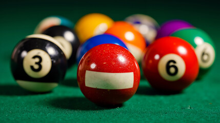A pool table with a number of pool balls on it