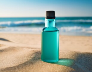 teal liquid bottle on beach sand