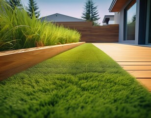 new artificial or synthetic grass installed near walkway ground perspective of artificial grass installation modern home with wooden edged artificial grass generative ai