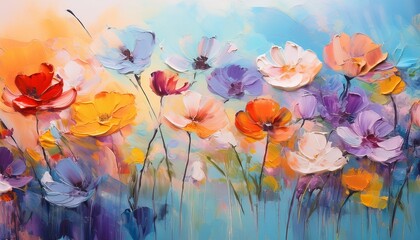 an artistic gentle colorful background with flowers painted by a palette knife