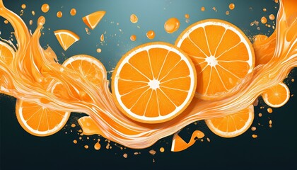 dynamic orange slices and juice splash composition ideal for commercial soft drink or juice packaging high impact summer advertising and promotional materials emphasizing freshness and flavour