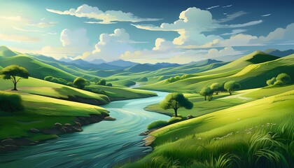 soft green hills river pastoral scene