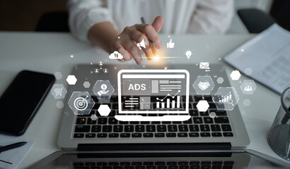 Fototapeta premium Online ads and digital marketing help brands grow. Content marketing builds engagement. Marketing tools boost ROI. Effective ads and marketing drive online business success. Spline