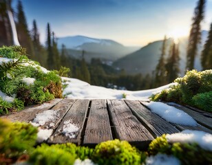 a serene snowy landscape featuring a wooden platform surrounded by green moss and miniature trees with a background of distant mountains