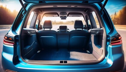 huge clean and empty car trunk in interior of compact suv rear view of a bleu suv car with open trunk generative ai