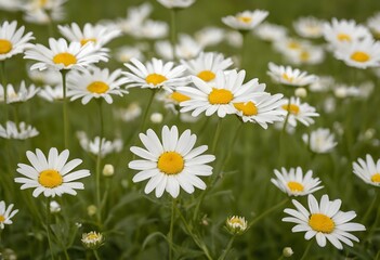 Fototapeta premium Beautiful white daisy flowers growing in a sunny green spring meadow