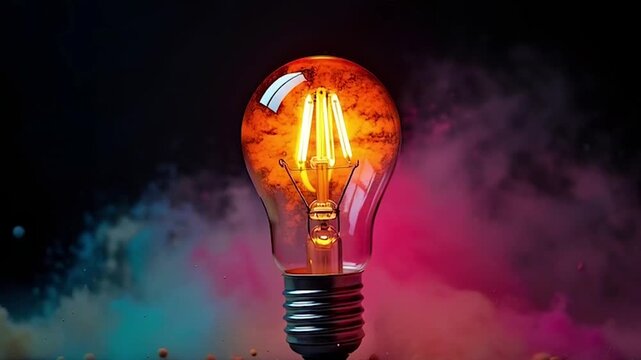 Bright glowing lightbulb with colorful exploding paint splatter on dark background innovation idea